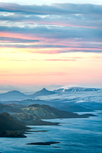 Langisjor. Scenic view of mountains and water with a colorful sky