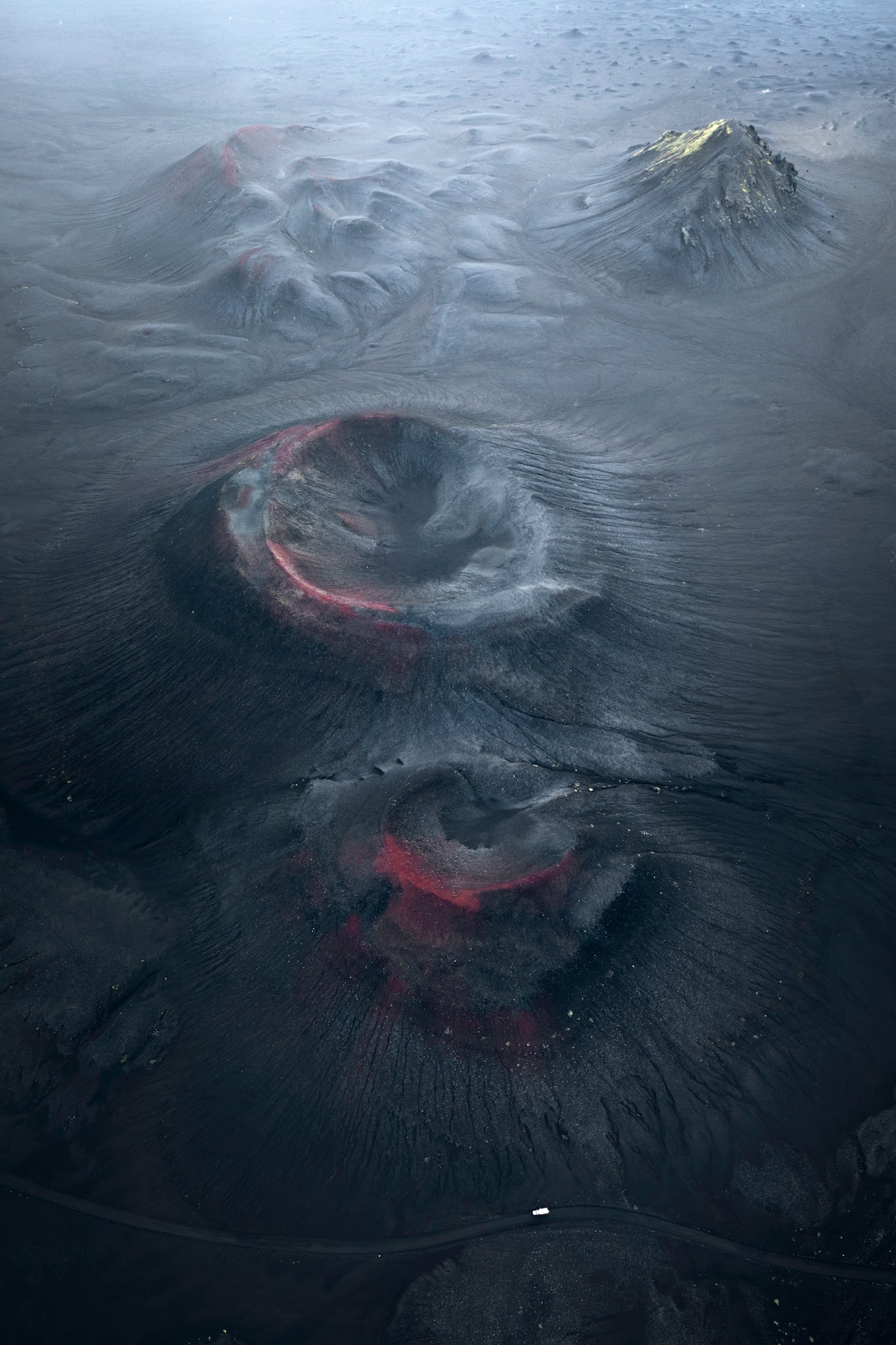 Landmannalaugar. Aerial view of a volcanic crater with red hot lava