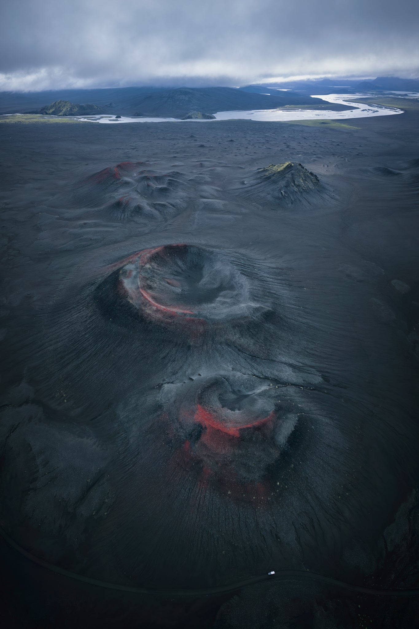Landmannalaugar. Aerial view of volcanic craters with a river and landscape in the background