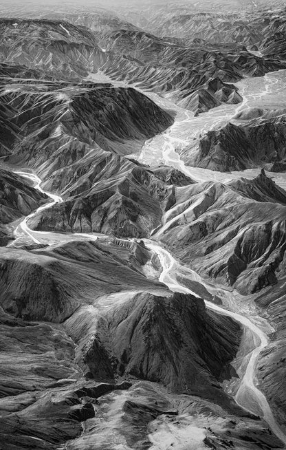 Landmannalaugar. Aerial view of a river cutting through a mountainous landscape